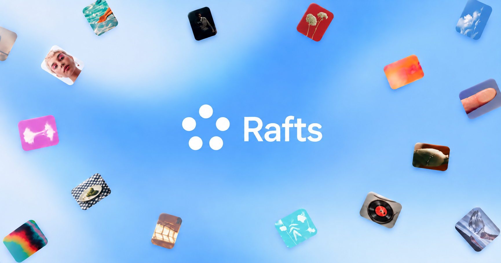 Rafts wordmark with a five-dot pentagon symbol and creative media tiles on a blue gradient.